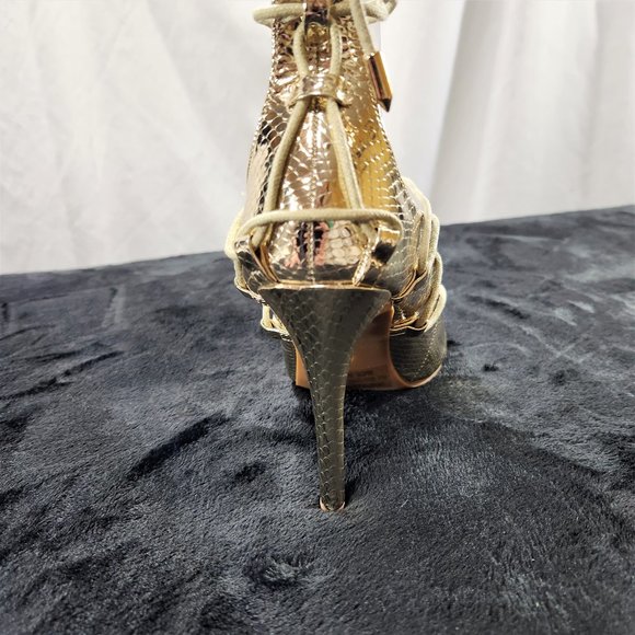 M&L Gold Metallic Material Open Round Toe Strappy Tie Detail 4" Stiletto Heels - Picture 6 of 8